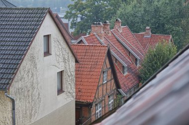 Yeşilliklerle çevrili kırmızı kiremit çatılı evlerin yer aldığı geleneksel Alman mimarisinin manzarası. Görüntü, antika bir mahallede modern ve tarihi tarzların bir karışımını yakalıyor..