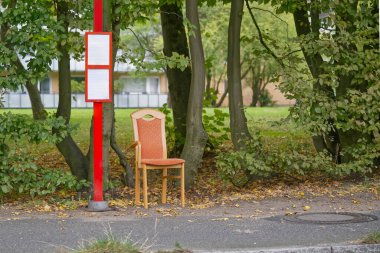 Turuncu minderli yalnız bir ahşap sandalye, yemyeşil ağaçlar ve yerdeki yapraklarla çevrili kırmızı otobüs durağı tabelasının yanına yerleştirilir..