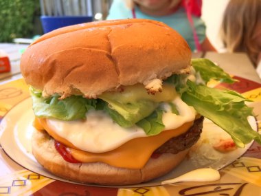 Lezzetli bir hamburgerle kızarmış ekmek, marul, peynir, mayonez ve köfte, renkli bir tabakta servis edilir..