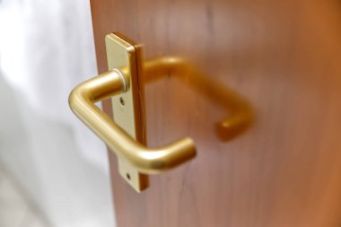 Ahşap bir kapının üzerinde altın bir kapı kulpu, parlak bir tasarımı ve parlak bir saçı var.