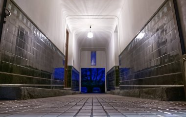 Parlak duvarları ve desenli zemini olan uzun, dar bir koridor. Işık yumuşak, sakin bir atmosfer yaratıyor. Koridorun sonu, mavi ışıkla aydınlatılmış dışarıdaki ağaçların manzarasına açılıyor..