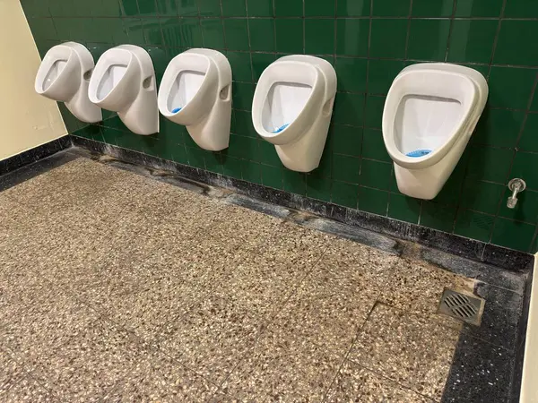 Halka açık bir tuvalette yeşil kiremitli bir duvara beş sıra pisuvar monte edilmiş. Zemin benekli gri fayanslardan yapılmış ve görülebilir bir drenaj ızgarası var..