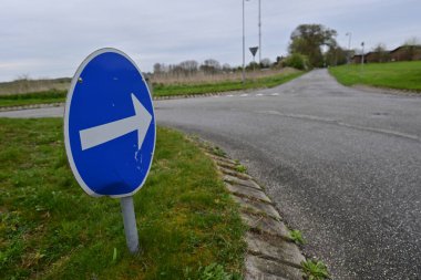 Yolun kenarına yerleştirilmiş, üzerinde beyaz bir ok bulunan mavi dairesel yol işareti. Arka planda çimenli bir alan ve bir yol kesişim noktası var.