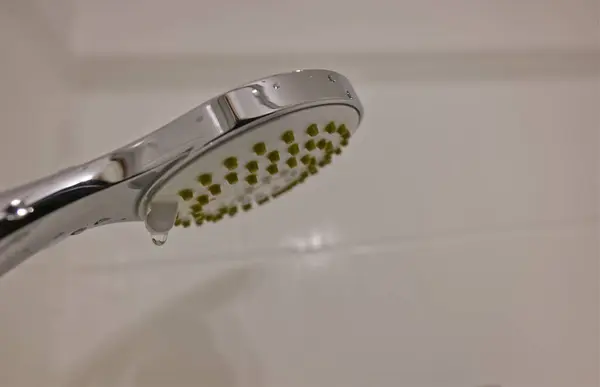 Su damlacıklarıyla dolu, temiz, beyaz fayanslı, modern, kirli bir duş başlığının yakın plan çekimi..