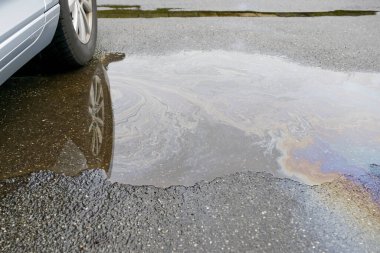 Islak asfalt bir yola yakın çekim bir araba lastiği yansıtan bir su birikintisi ve yüzeyde çevresel kirlilik olan bir araç yağı sızıntısından kaynaklanan renkli yağ lekeleri.