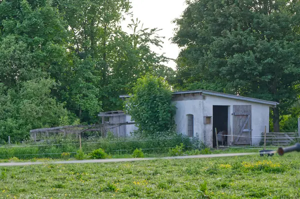 Yeşillik ve ağaçlarla çevrili kırsal bir çiftlik. Toprak bir patikası var..