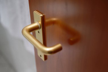 Koyu kahverengi ahşap kapı. Parlak altın sarısı bir kapı kolu var. Kapı ile kapı arasında beyaz bir boşluk var.