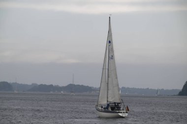 Yelkenli bir yelkenli sakin bir denizde süzülür. Gemide bir kadın duruyor ve bir Alman bayrağı rüzgarda dalgalanıyor. Sisli yaz arka planında diğer yelkenliler beliriyor.