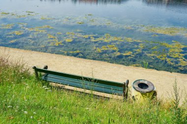 Durgun bir suyun yanında beton bir yolun yanında bir bank duruyor. Yüzey algler gibi yoğun olarak yeşil jöle ile doludur. Kopenhag CPH 'ın aşırı gelişmiş kıyılarının yanında sessizce duran bir çöp tenekesinin yanında.