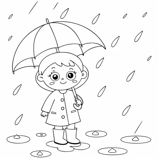 Çocuklar için boyama kitabı. Şemsiyeli şirin küçük kız. vektör illüstrasyonu