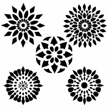 Siyah ve beyaz vektör mandala çiçekleri kümesi.