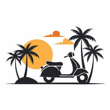 Plaj vektör çizimi grafik tasarımı üzerinde scooter ve palmiye ağaçları