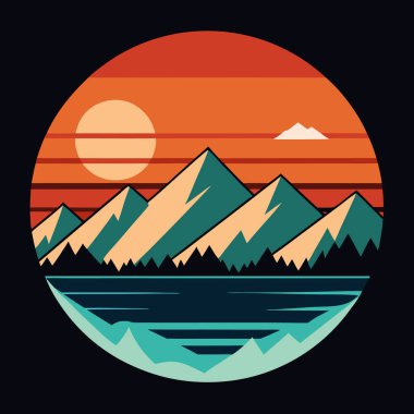 Nehir ve günbatımı logo şablon tasarım vektörü olan dağlar.