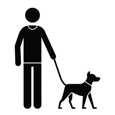 Köpek ikonuyla yürüyen bir adam. Siyah köpekle basit bir tasarım. Çubuk figür insan yürüyen köpek ikonu vektör çizimi.