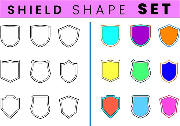 Kalkan şekilleri heraldik siyah çizgi sanatı ve renklendirme tasarımı resimleme.