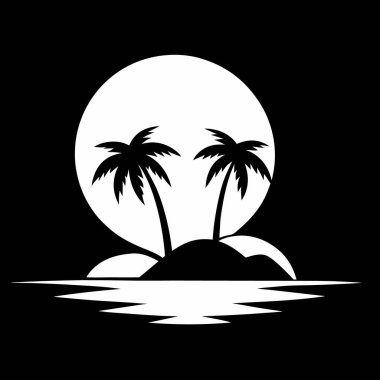 Güneş ve hurma ağaçları ile. Plaj silueti tropik cennet hindistan cevizi ağaçları çizimi.