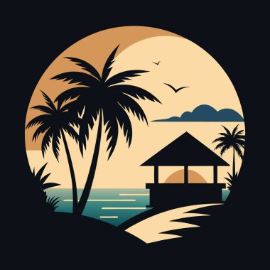 Güneş vektörlü yaz palmiyesinin silueti. Plaj silueti tropik cennet palmiye ağaçları çizimi.