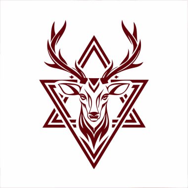 Beyaz arka plan tasarımında stilize edilmiş geyik kafası logosu koyu kırmızı.