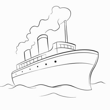 Geminin siyah-beyaz karikatür çizimi. Okyanus gemisi çizimi.