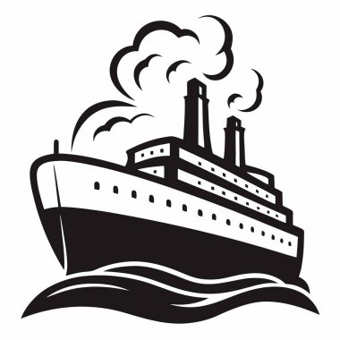 Klasik siyah-beyaz okyanus gemisi çizimi. dalgalı gemi.