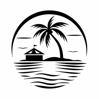 Plaj sahnesi tropikal ada palmiye ağacı silueti çizgileri organik çizimler.