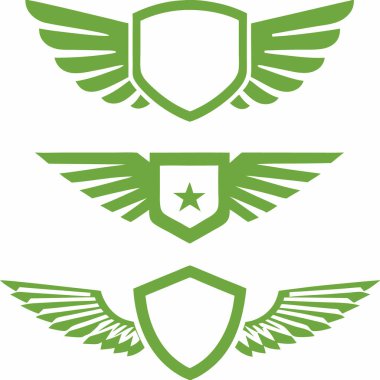 Yeşil, siyah rozet ve kalkan seti. Heraldik amblemler kanatlı kalkanlar renkli şeritler..