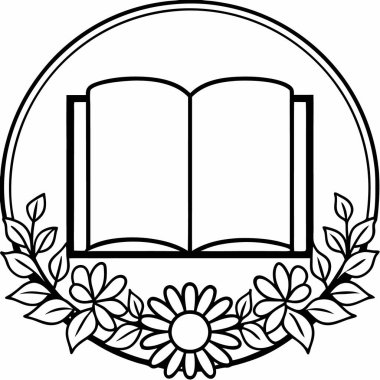 Açık kitap kupası siyah-beyaz daire çizimi. Çiçek desenli izole bir kitap..