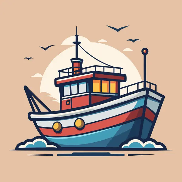 Balıkçı teknesi olan gemi. Deniz ve okyanus. Düz bir şekilde vektör illüstrasyonu. Gemi illüstrasyon balıkçı teknesi renklendirmesi.