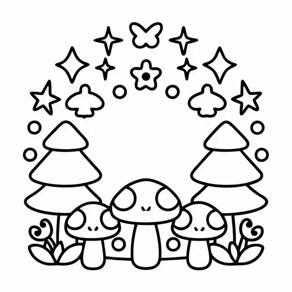 Mantar vektör çizimine sahip şirin ve küçük mantarlar. Şirin çizgi film mantarları tuhaf orman manzarası çizimleri..