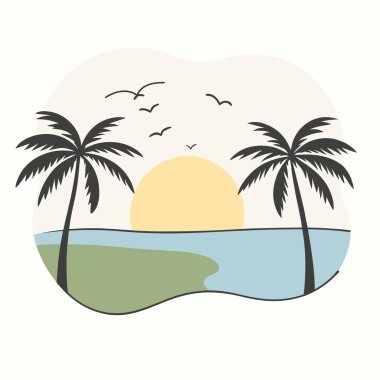 Hindistan cevizi ağacı yaz illüstrasyonlu sakin tropik tepe sahil günbatımı.