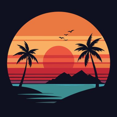 Hindistan cevizi ağacı yaz illüstrasyonlu sakin tropik tepe sahil günbatımı.