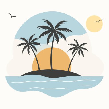 Hindistan cevizi ağacı yaz illüstrasyonlu sakin tropik tepe sahil günbatımı.