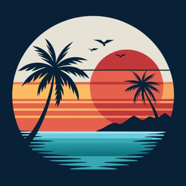 Huzurlu bir sahil palmiyesi günbatımı esinlenilmiş seyahat tasarımı.