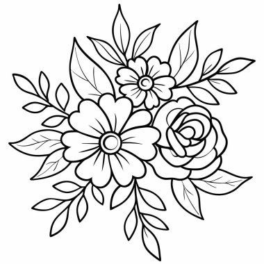 Çiçek desenli siyah beyaz çiçekler, vektör illüstrasyon grafik tasarımı.