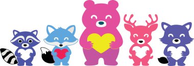 çizgi film sevimli hayvan koleksiyonu. Hayvanlar el ele tutuşan kalp şekli tasarımı.