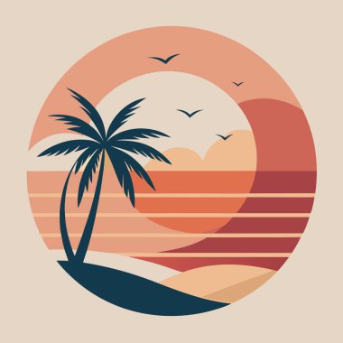 Dağlarda gün batımı. Dairesel logo tasarımı tropikal plaj sahnesi palmiye ağacı stilize.