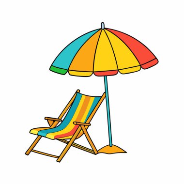 Renkli plaj şemsiyesi canlı sarı plaj sandalyesi çizimi.