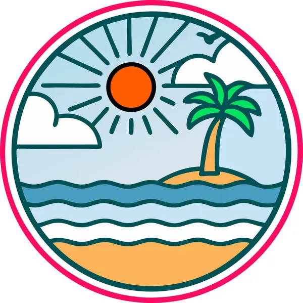 Hindistan cevizi ağaçlı Ada Logosu Tasarımı ve Sunset yaz plajı. Basit tasarım.