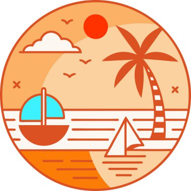 Plaj düz ikonu, vektör çizimi. Plaj sahnesi dairesel simge tasarımı.