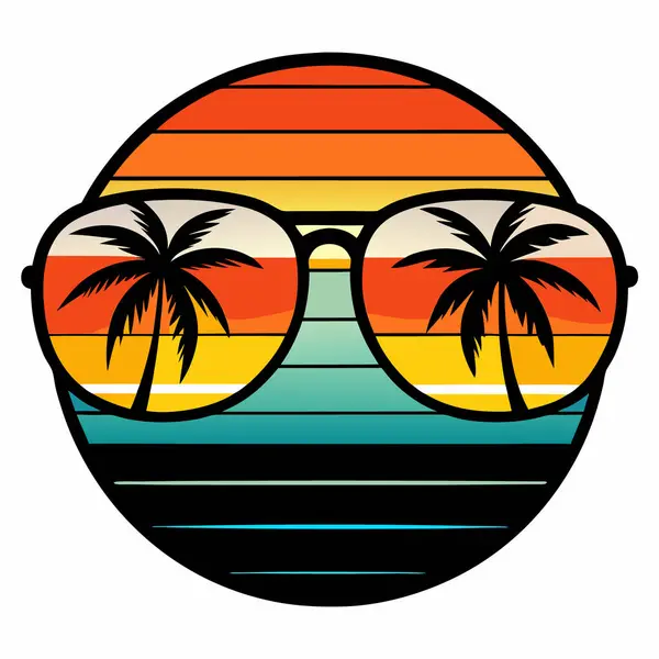 Palmiye ağaçları ve dalgalı yuvarlak güneş gözlüklerinin vektör çizimi.