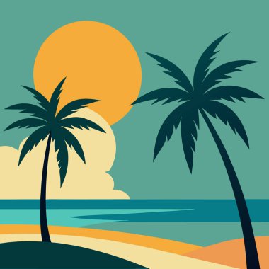 Gün batımı ve deniz ikonu. Palmiye ağaçları ve renkli dalgalarla yaz sahnesi.