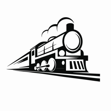 Beyaz buharlı lokomotifli eski bir buhar treninin siyah silueti, vektör tasarımı.