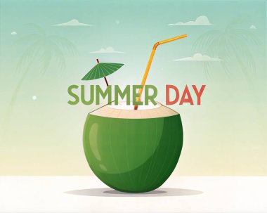 'Bir Yaz Günü Tropikal İllüstrasyonunda Hindistan cevizi İçeceğini Saman ile Tazeleyen' başlıklı bu resim,