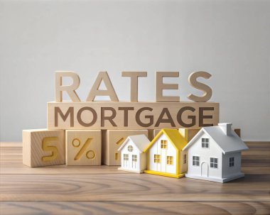 'Ahşap Bloklar ve Finansal Konseptler için Oyuncak Evleri ile Gösterilen İpotek Oranları' başlıklı bu resim içerik r