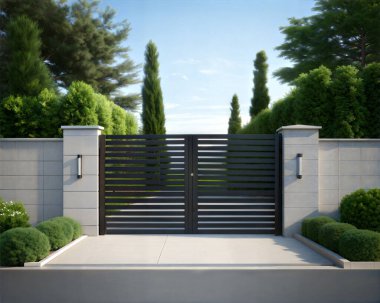 Güneşli bir günde, lüks bir bahçedeki modern Kara Kapı.