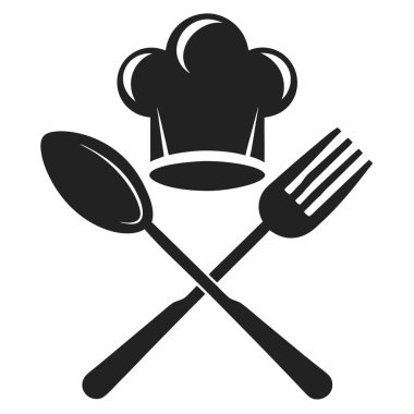 Şef şapkası kaşık ve çatal logo simgesi, siluet vektör tasarımı.