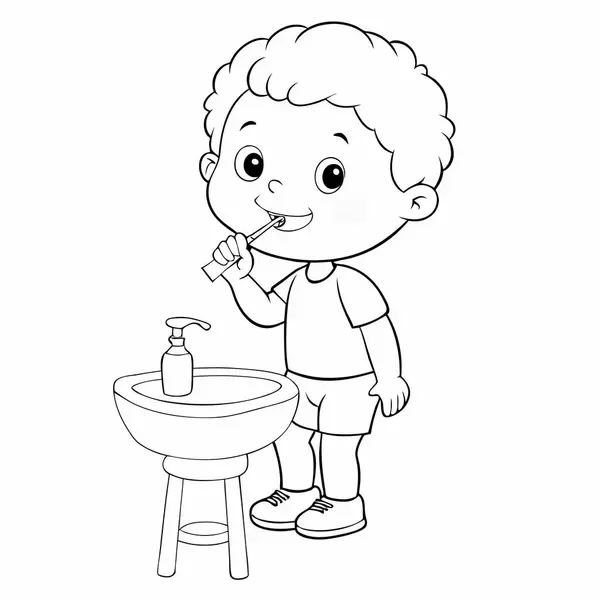 Günaydın diş ve fırça vektörü çizimi olan küçük çocuk..