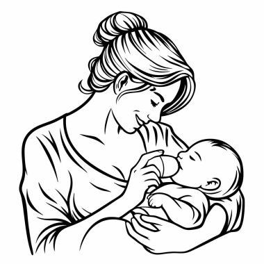 Anne ve bebeğin çizimi, vektör beyaz arkaplanda izole edildi.