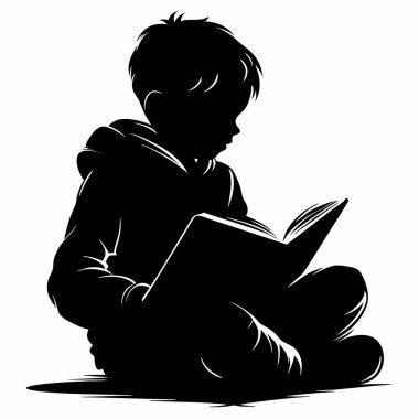 Kitap vektörü tasarımı okuyan küçük bir çocuğun silueti..