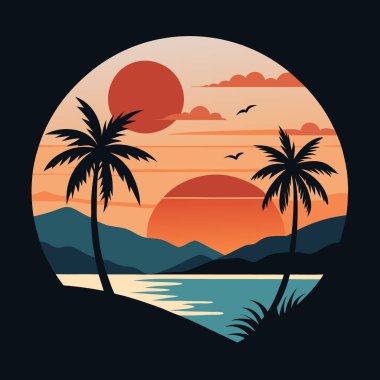 Günbatımı ve palmiye ağaçları siluet tasarımlı tropikal ada.
